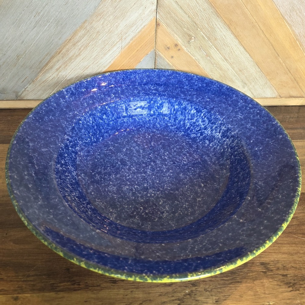 OVER AND BACK Pasta Bowl Sojourn Blue & White‎ Sponge Yellow Edge 13.75"